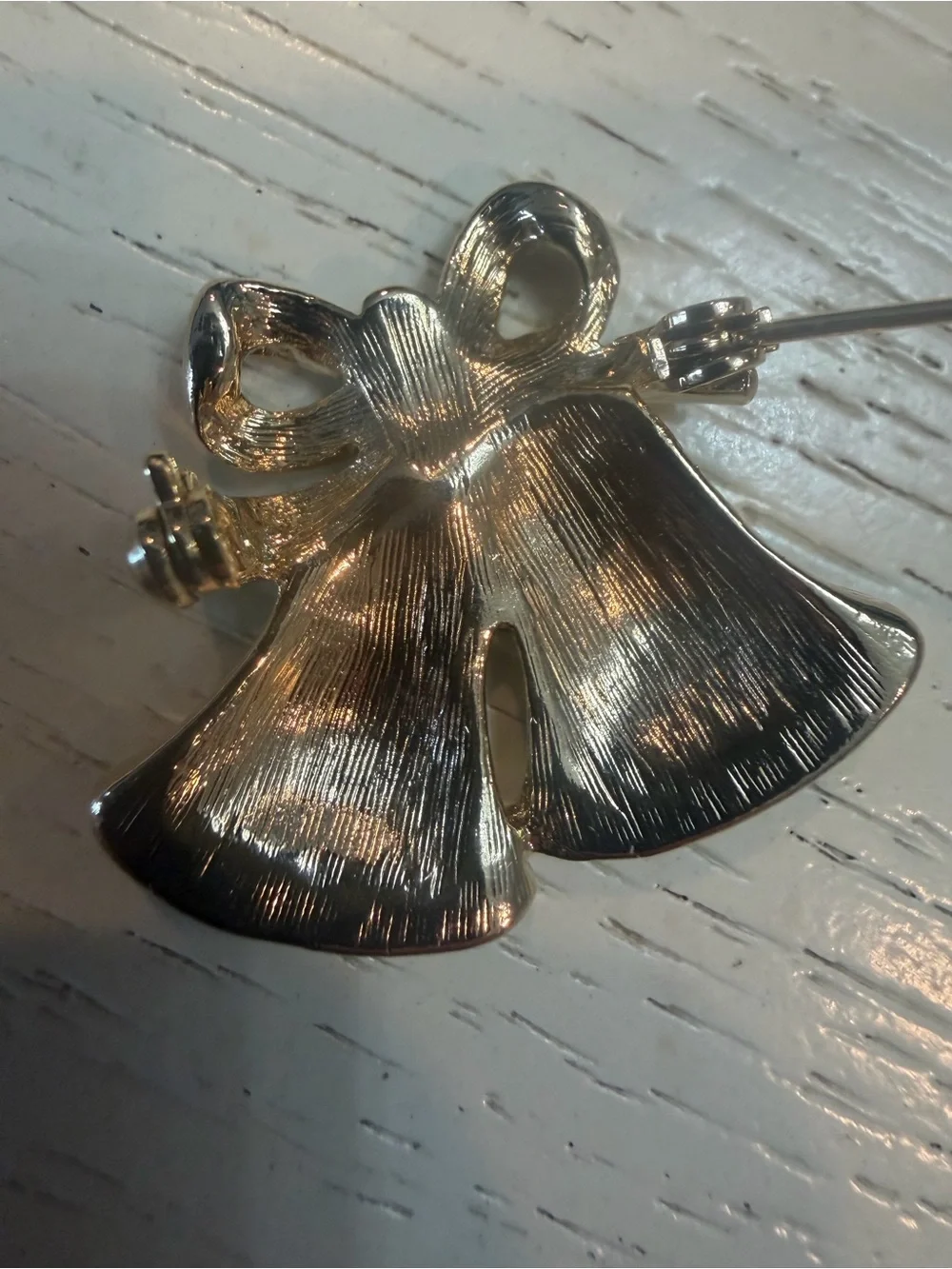 Vintage Gold Tone Double Bell Brooch with Green Bow and Red Accents